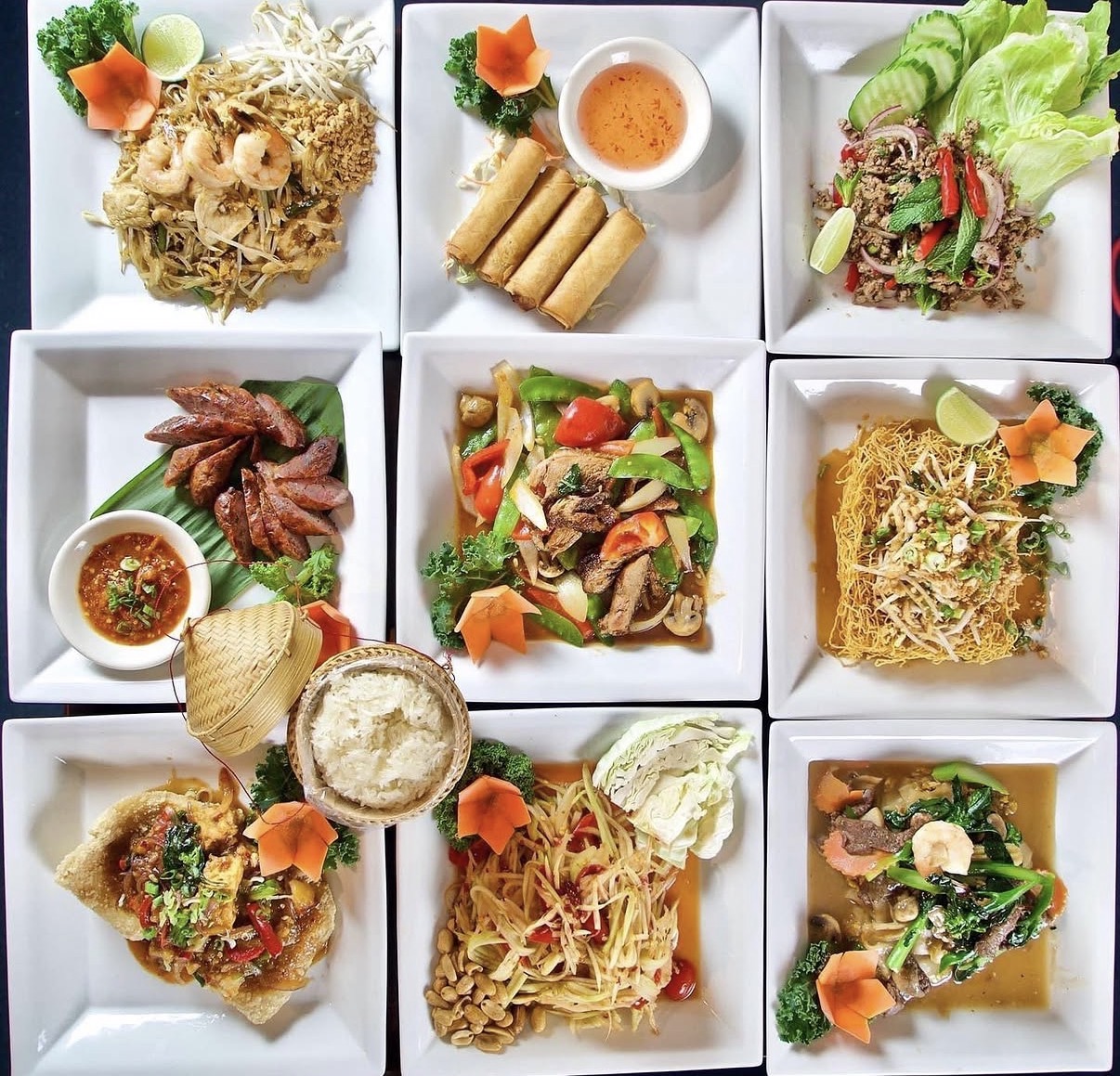 A colorful spread of dishes prepared at Sara Thai